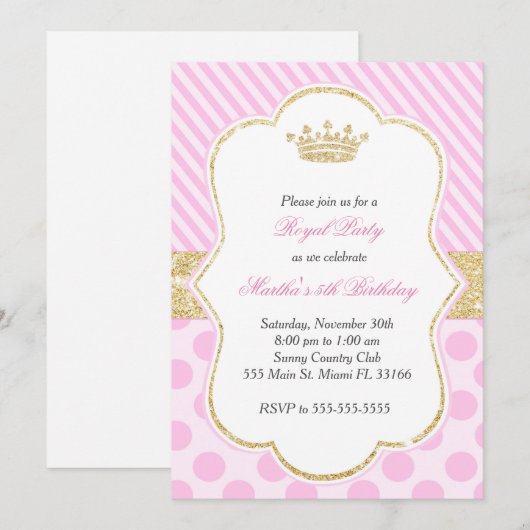 Princess Birthday Party Invitation roze Gold Kaart (Voorkant / Achterkant)