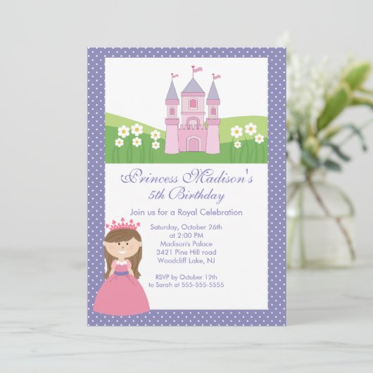 Princess Birthday Party Invitation roze Paars Kaart (Staand voorkant)