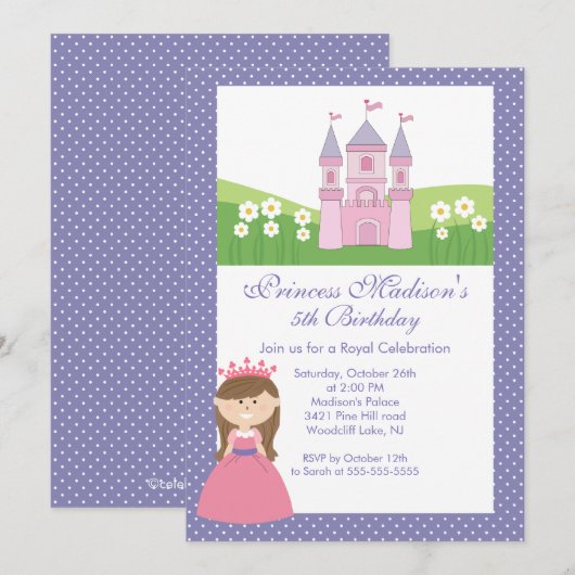 Princess Birthday Party Invitation roze Paars Kaart (Voorkant / Achterkant)