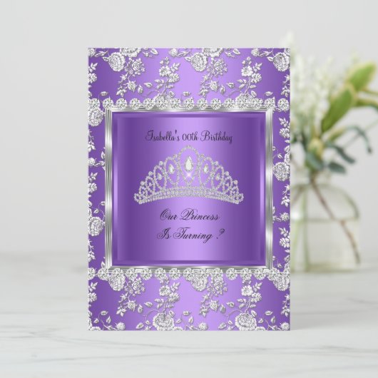 Princess Birthday Party Paars Silver Tiara Kaart (Staand voorkant)