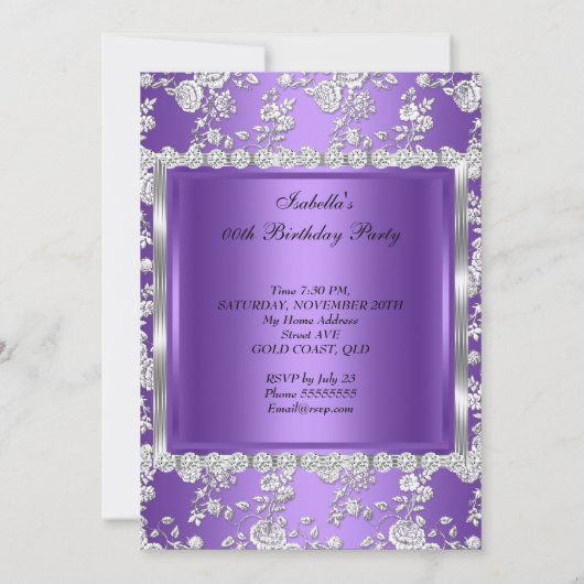 Princess Birthday Party Paars Silver Tiara Kaart (Achterkant)