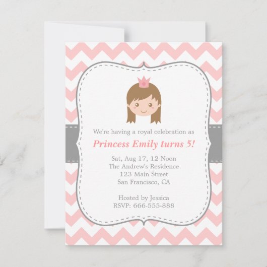 Princess Birthday Party, roze en witte Chevron Kaart (Voorkant)