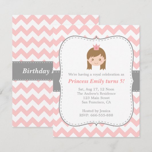 Princess Birthday Party, roze en witte Chevron Kaart (Voorkant / Achterkant)