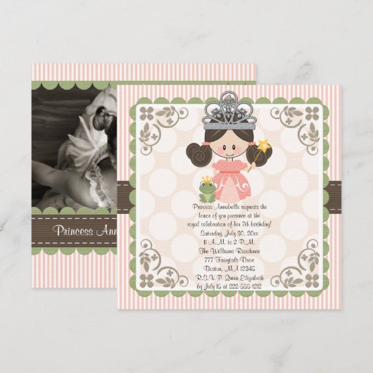 Princess Birthday Photo Invitations Card Brunette Kaart (Voorkant / Achterkant)