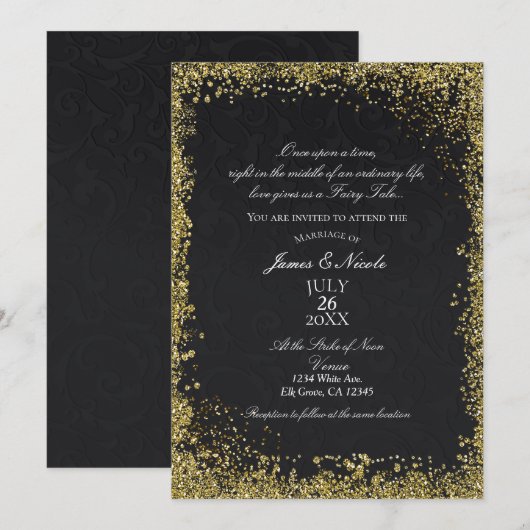 Princess Black Damask Elegant Storybook Wedding Kaart (Voorkant / Achterkant)
