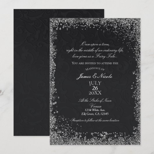 Princess Black Damask Elegant Storybook Wedding Kaart (Voorkant / Achterkant)