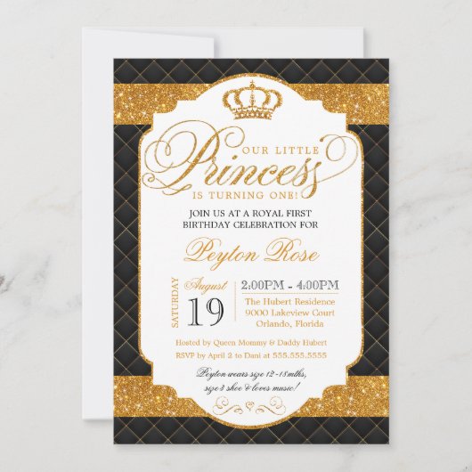 Princess Black & Gold Luxury Birthday Invitation Kaart (Voorkant)