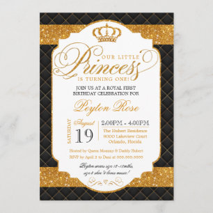 Princess Black & Gold Luxury Birthday Invitation Kaart