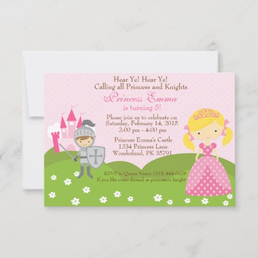 Princess (blond) en Knight verjaardagsuitnodiging Kaart (Voorkant)