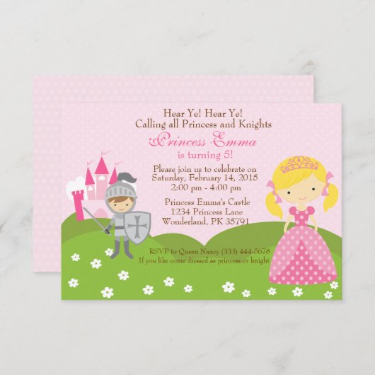 Princess (blond) en Knight verjaardagsuitnodiging Kaart (Voorkant / Achterkant)