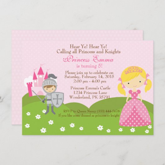 Princess (blond) en Knight verjaardagsuitnodiging Kaart (Voorkant / Achterkant)