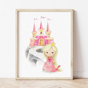Princess, Blonde Hair, Castle, Crown, Girl Nursery Foto Afdruk