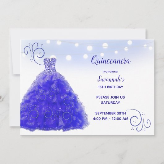 Princess Blue Gown String Lights Quinceanera Kaart (Voorkant)
