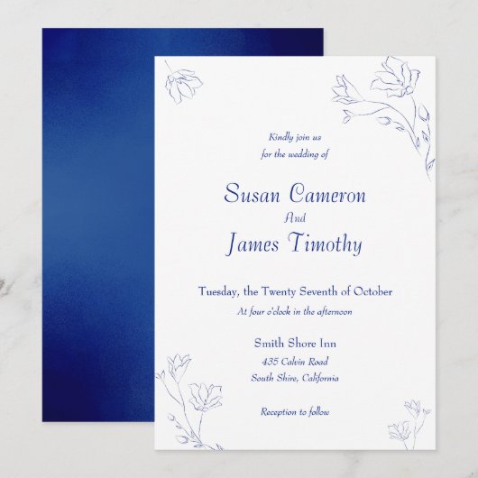 Princess Blue waterverf floral Wedding Invitation Kaart (Voorkant / Achterkant)