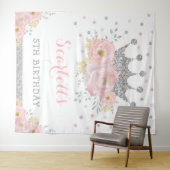 Princess Blush Floral Silver Crown Baby Birthday Wandkleed (In Situ (horizontaal))