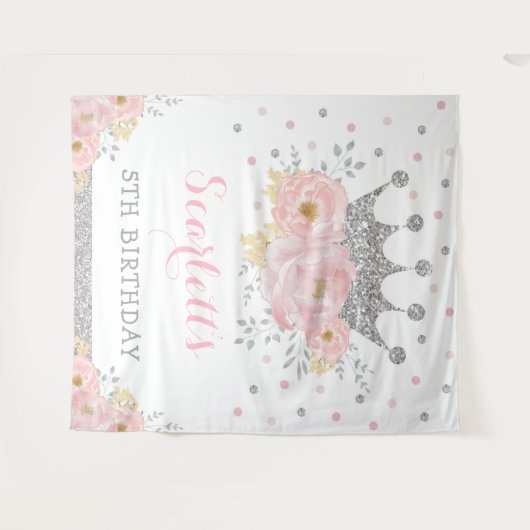 Princess Blush Floral Silver Crown Baby Birthday Wandkleed (Voorkant (horizontaal))