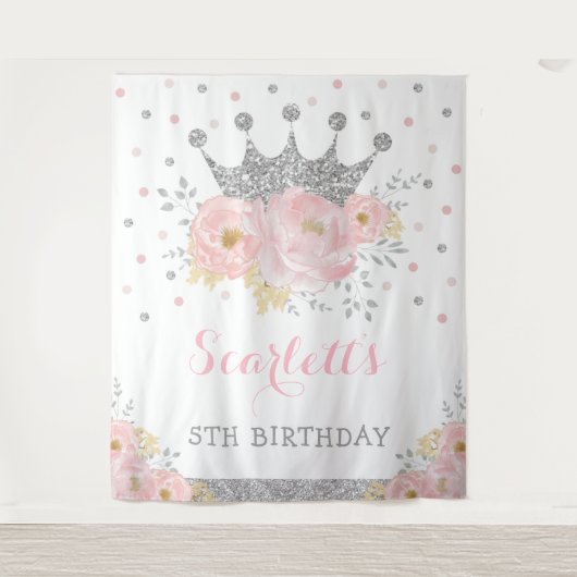Princess Blush Floral Silver Crown Baby Birthday Wandkleed (Voorkant)