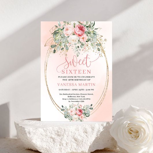 Princess Blush Rose Gold Sweet 16 Birthday Invite Kaart