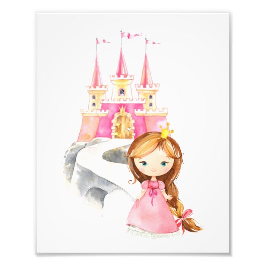 Princess, Brown Hair, Castle, Crown, Girl Nursery Foto Afdruk (Voorkant)