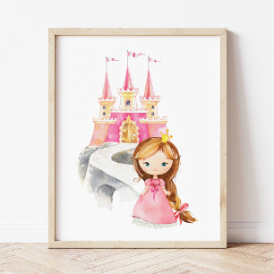 Princess, Brown Hair, Castle, Crown, Girl Nursery Poster