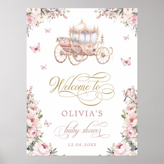 Princess Carriage Blush Floral Baby shower Welkom Poster (Voorkant)