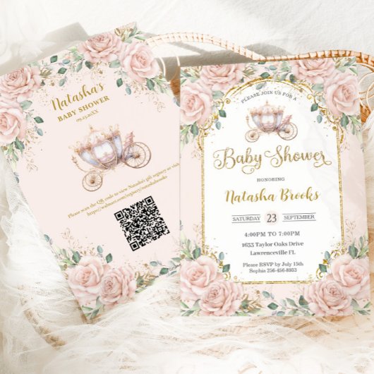 Princess Carriage Blush Pink Floral Baby shower Kaart