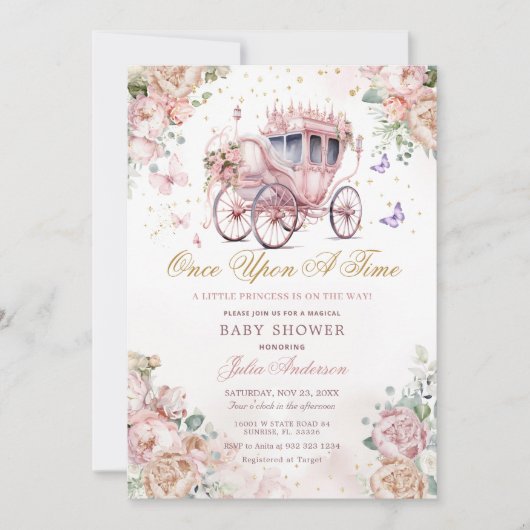 Princess Carriage Blush Pink Floral Baby shower Kaart (Voorkant)