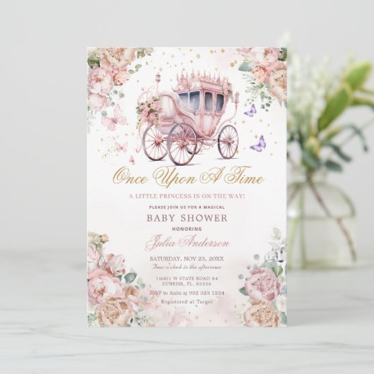 Princess Carriage Blush Pink Floral Baby shower Kaart (Staand voorkant)