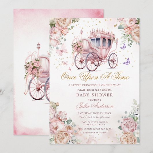 Princess Carriage Blush Pink Floral Baby shower Kaart (Voorkant / Achterkant)