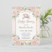 Princess Carriage Blush Pink Floral Baby shower Kaart (Staand voorkant)