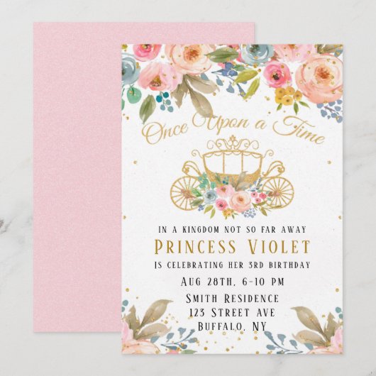 Princess Carriage Gold Glitter 00th Birthday Party Kaart (Voorkant / Achterkant)