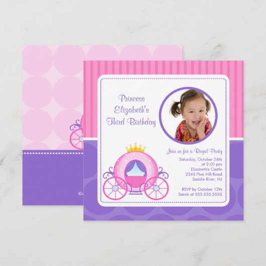  Princess Carriage Photo Birthday Invitation Kaart (Voorkant / Achterkant)