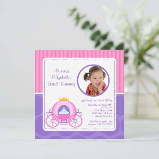  Princess Carriage Photo Birthday Invitation Kaart (Staand voorkant)