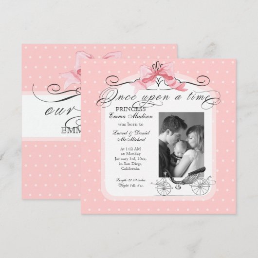 Princess Carriage Pink Ribbon Bow Foto Baby Girl Aankondiging (Voorkant / Achterkant)