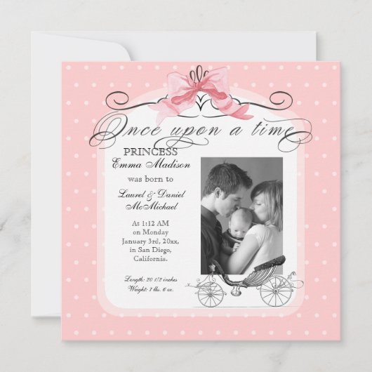 Princess Carriage Pink Ribbon Bow Foto Baby Girl Aankondiging (Voorkant)
