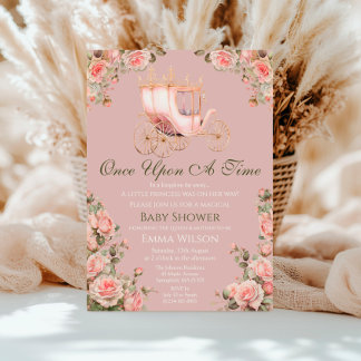 Princess Carriage  Pink Roses Baby shower Kaart
