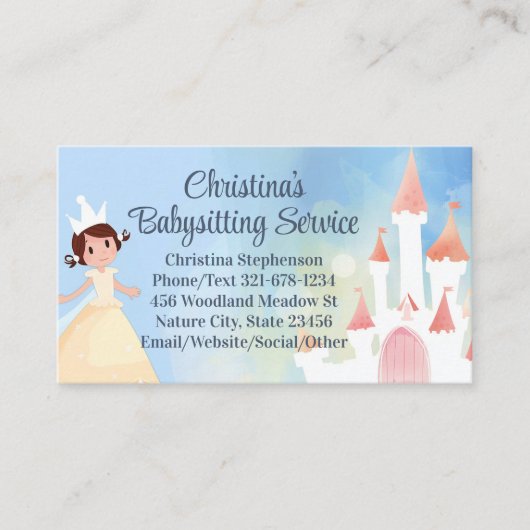 Princess Castle Babysitter Kinderdagverblijf Party Visitekaartje (Voorkant)