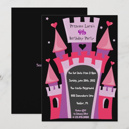 PRINCESS CASTLE Birthday Party Invitation Kaart (Voorkant / Achterkant)