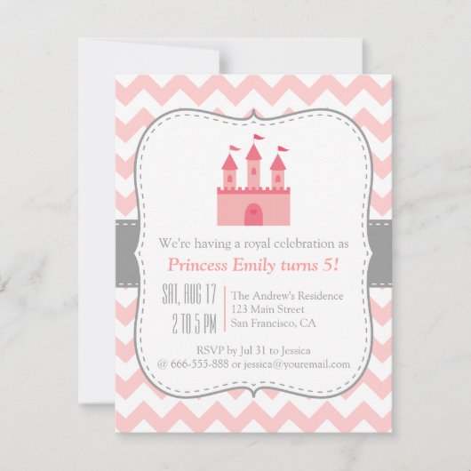 Princess Castle Birthday Party, Pink White Chevron Kaart (Voorkant)