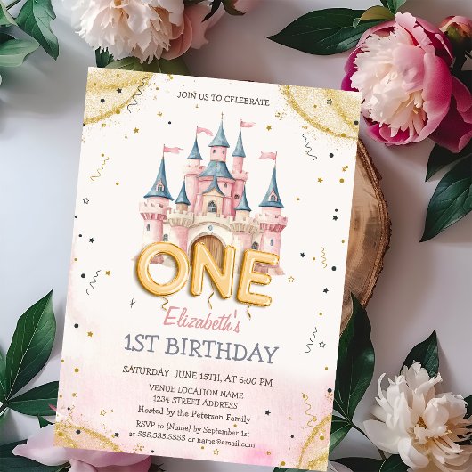Princess Castle Confetti Watercolor 1st Birthday Kaart