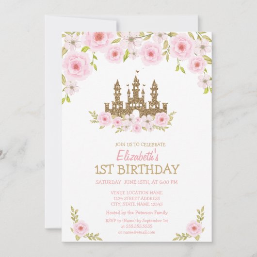 Princess Castle, Flowers, Striped Birthday Kaart (Voorkant)