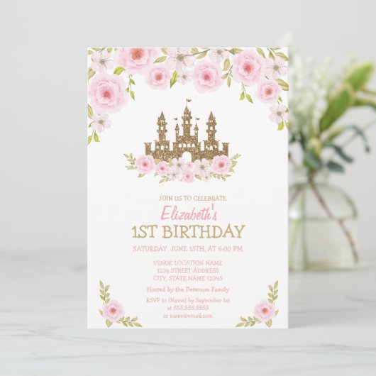 Princess Castle, Flowers, Striped Birthday Kaart (Staand voorkant)