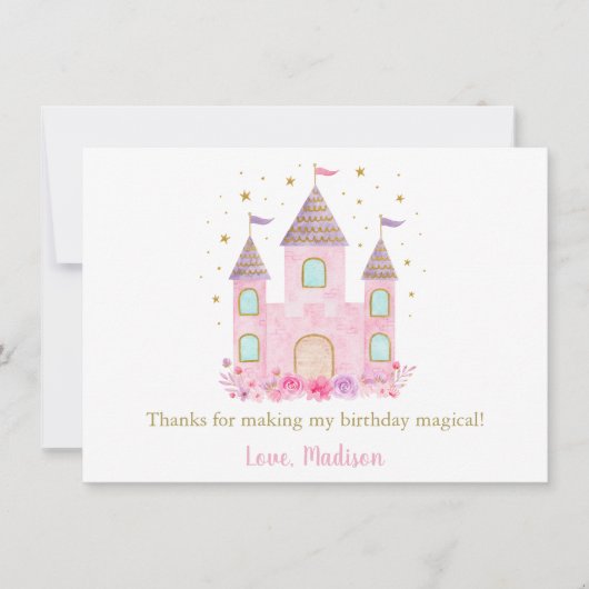 Princess Castle Roze Gouden Bloemen Verjaardag Bedankkaart (Voorkant)