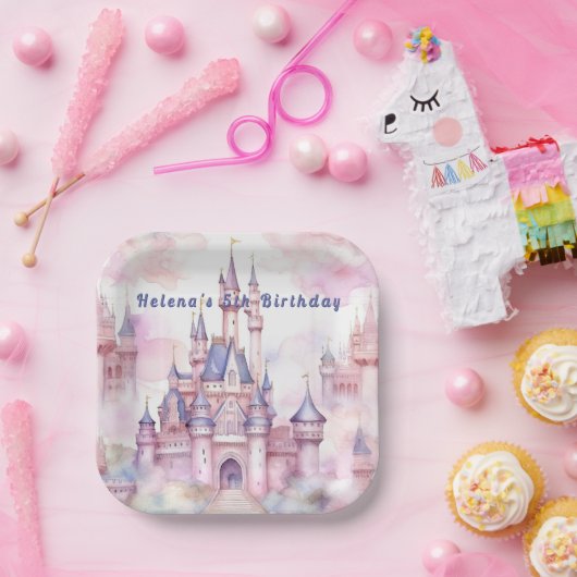 Princess Castle Roze Paarse Papieren Bordje (Feest)