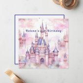 Princess Castle Roze Paarse Verjaardag Uitnodiging (Voorkant / Achterkant in situ)