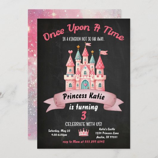 Princess Castle Verjaardag Uitnodiging Roze Meisje (Voorkant / Achterkant)