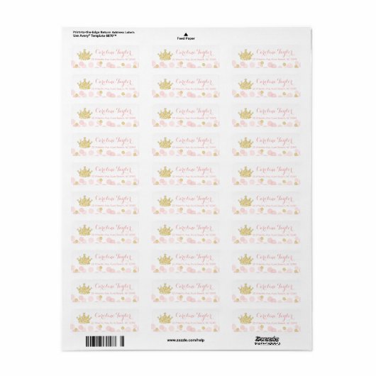 Princess Crown Baby shower Adres Label roze goud (Full Sheet)
