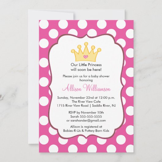 Princess Crown Baby shower Invitation roze Stippen Kaart (Voorkant)