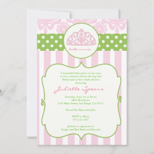 Princess Crown Baby Shower Invitations Roze Green Kaart (Voorkant)