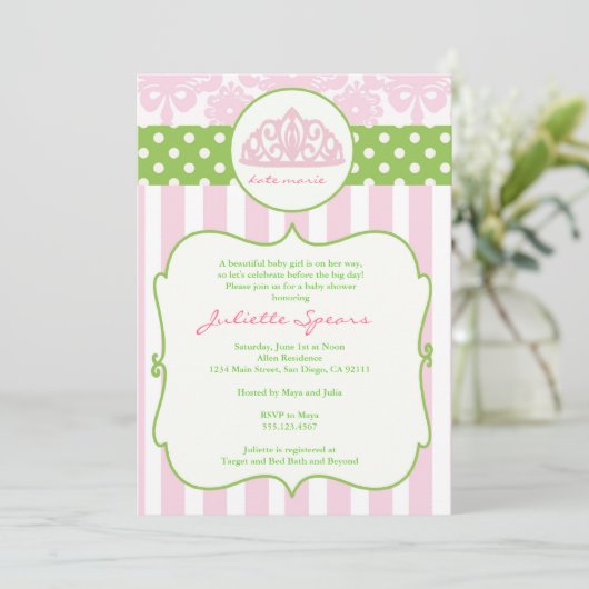 Princess Crown Baby Shower Invitations Roze Green Kaart (Staand voorkant)